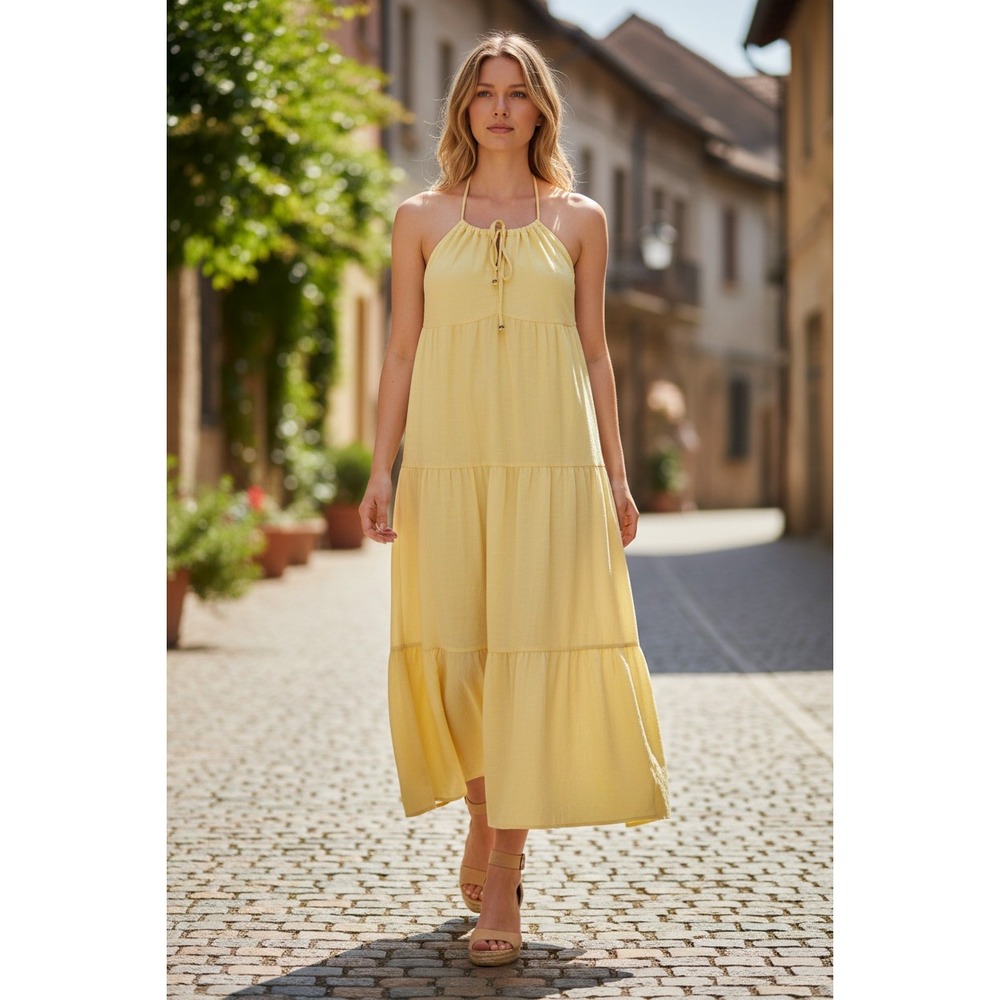 Cottagecore Boho Yellow Textured 100% Cotton Tiered‎ Maxi Halter Dress S NWOT